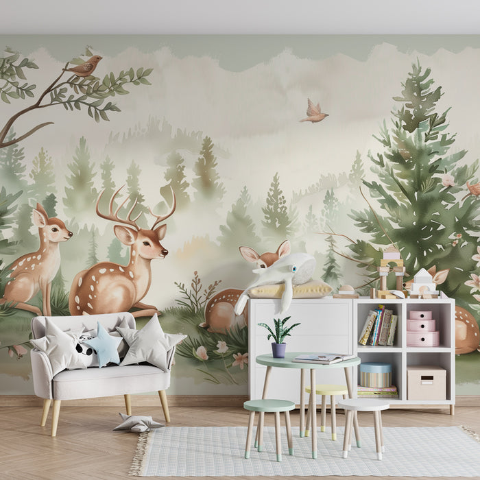 Kids room wallpaper | Enchanted forest with fawns and delicate flowers