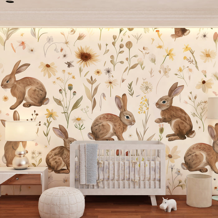 Barntapet | Kaniner och blommor i akvarell