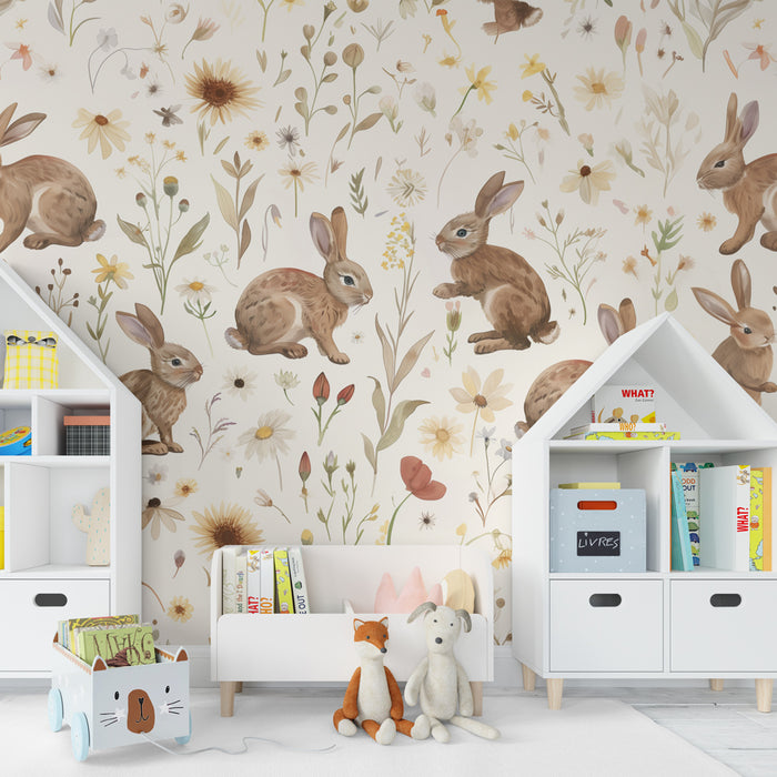 Barntapet | Kaniner och blommor i akvarell
