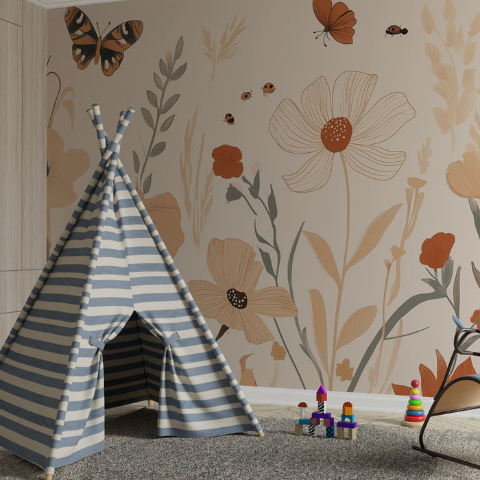 Kinderzimmer Tapete | Blumengarten mit Schmetterlingen und Mohnblumen in Terrakottatönen