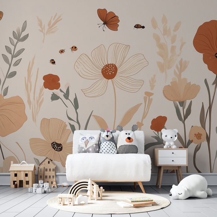 Kinderzimmer Tapete | Blumengarten mit Schmetterlingen und Mohnblumen in Terrakottatönen
