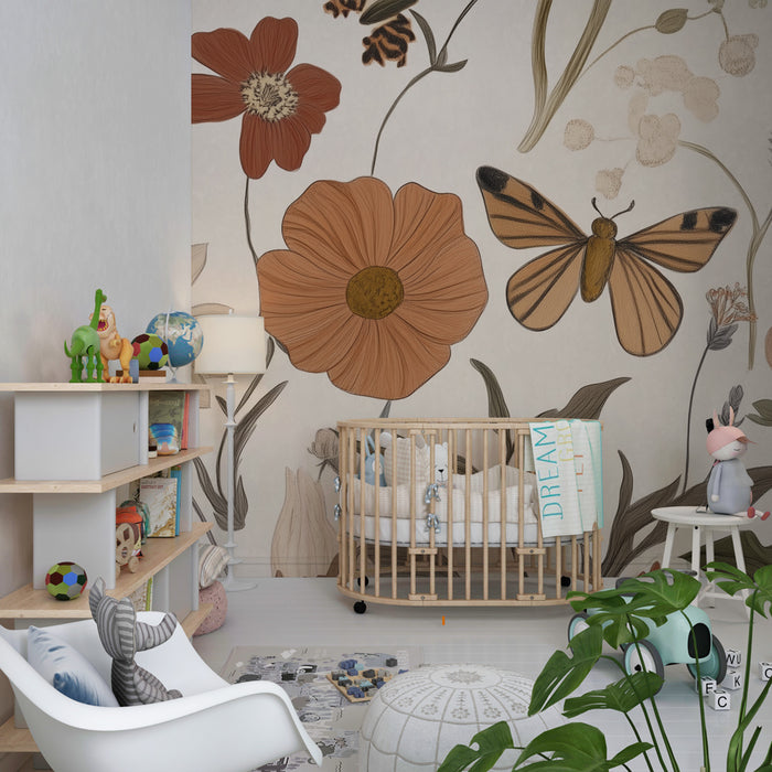Kinderzimmer Tapete | Verzauberter Garten mit Schmetterlingen und Vintage-Blumen