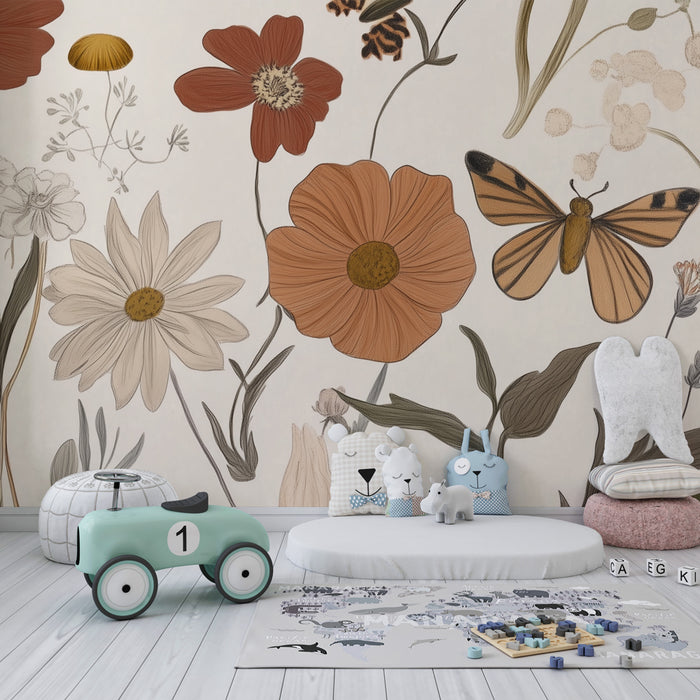 Kinderzimmer Tapete | Verzauberter Garten mit Schmetterlingen und Vintage-Blumen