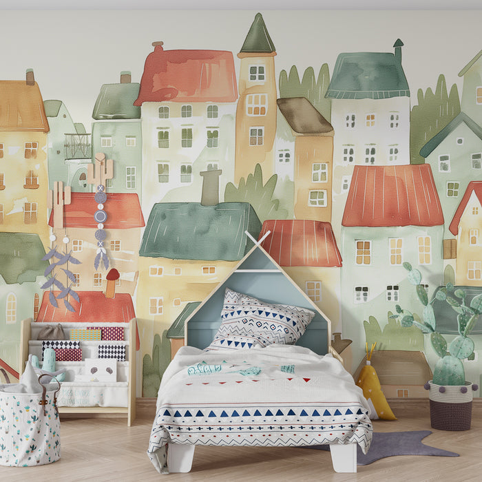 Papier peint chambre enfant | Maisons colorées en aquarelle