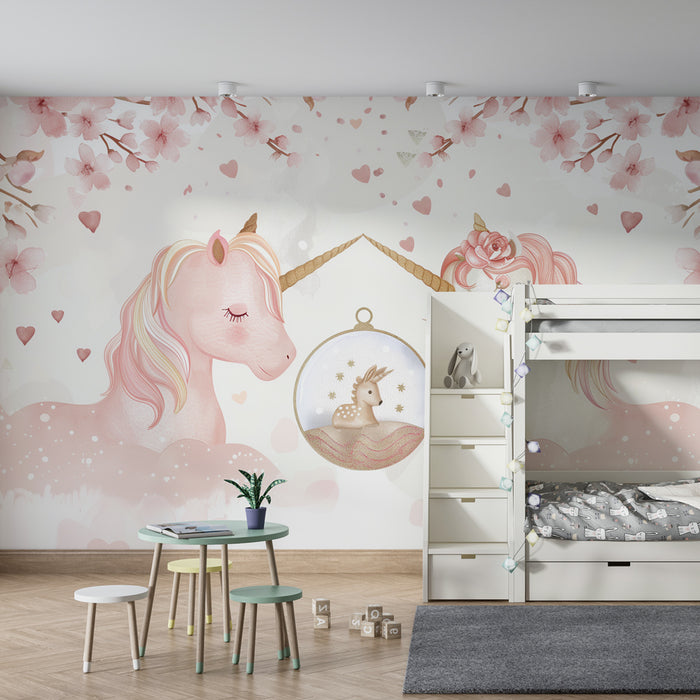 Babyzimmer Tapete | Träumende Einhörner und Kirschblüten in Aquarell