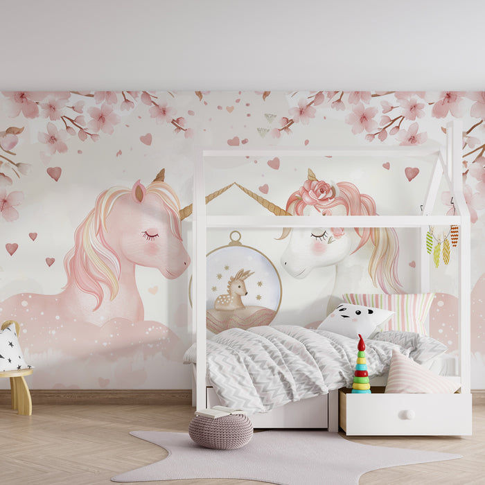 Babyzimmer Tapete | Träumende Einhörner und Kirschblüten in Aquarell