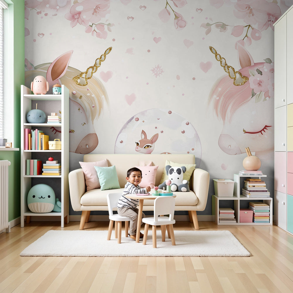 Papel de parede criança | Unicórnios sonhadores e suavidade floral, image size:1000x1000
