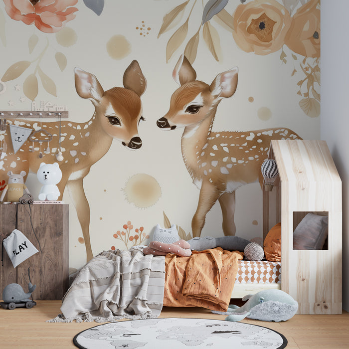 Papier peint chambre bébé | Faons et fleurs colorées en harmonie