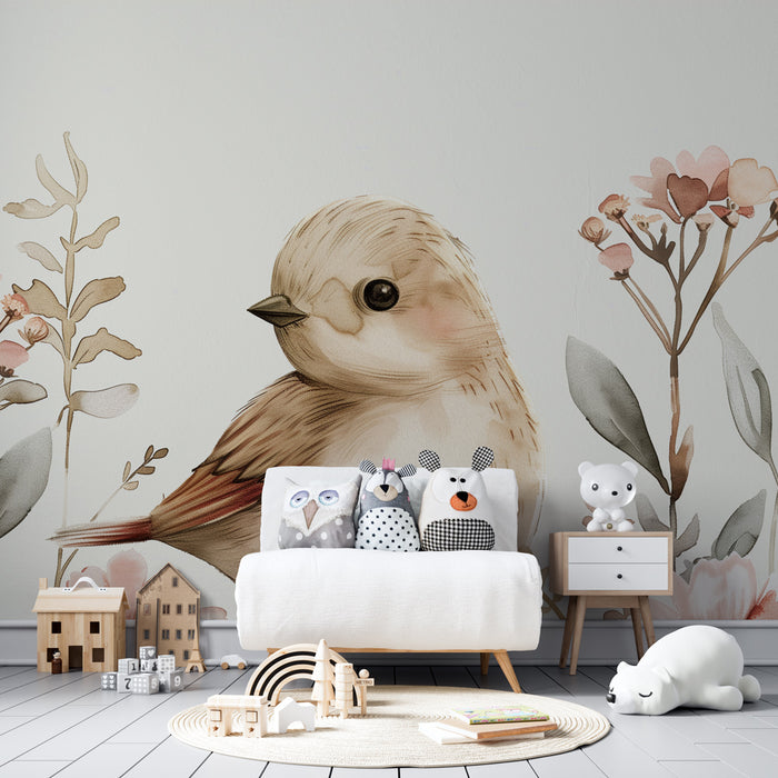 Babyzimmer Tapete | Vögelchen und pastellfarbene Blumen in Aquarell