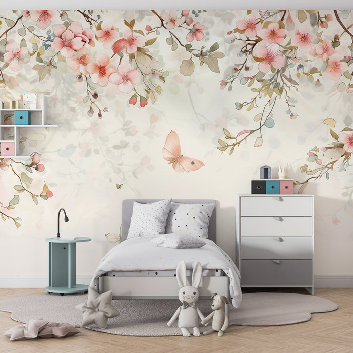 Babykamer behang | Zachte bloemen met roze bloemblaadjes en pastelvlinders
