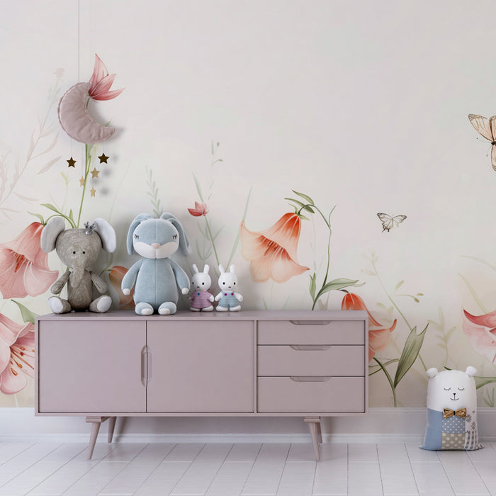 Babyzimmer Tapete | Sanfte florale Symphonie und zarte Schmetterlinge