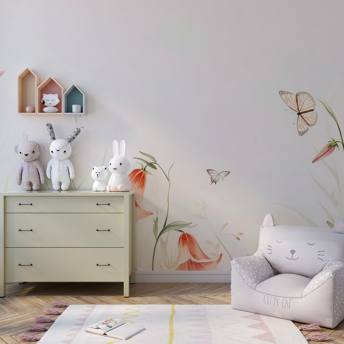 Babyzimmer Tapete | Sanfte florale Symphonie und zarte Schmetterlinge