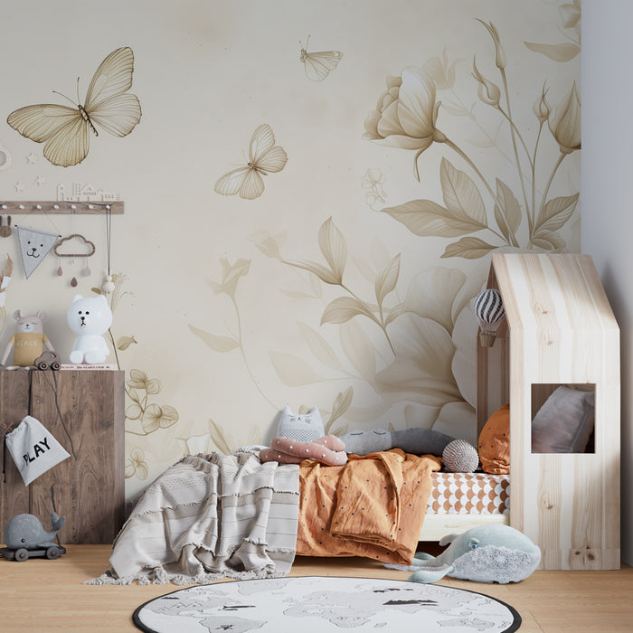 Papel de parede quarto bebê | Evasão floral sépia com borboletas delicadas