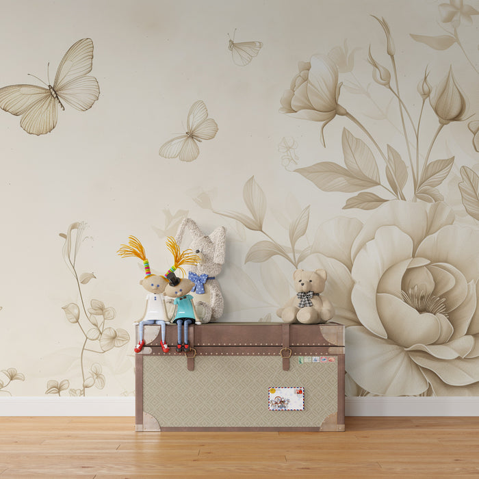Papel de parede quarto bebê | Evasão floral sépia com borboletas delicadas