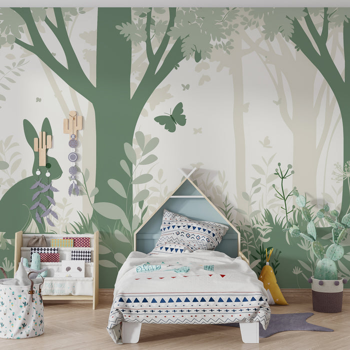 Kinderkamer behang | Betoverd bos met groene konijnen en vlinders