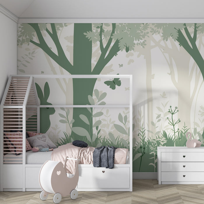 Kinderkamer behang | Betoverd bos met groene konijnen en vlinders