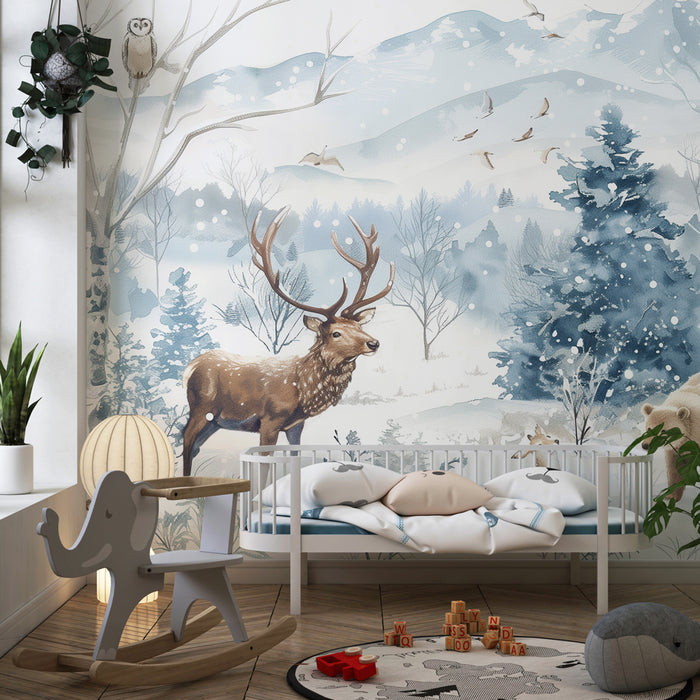 Kinderkamer behang | Besneeuwd bos met dieren en blauwachtige bergen
