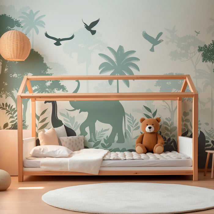 Børneværelse tapet | Lush jungle med elefanter og giraffer i silhuet