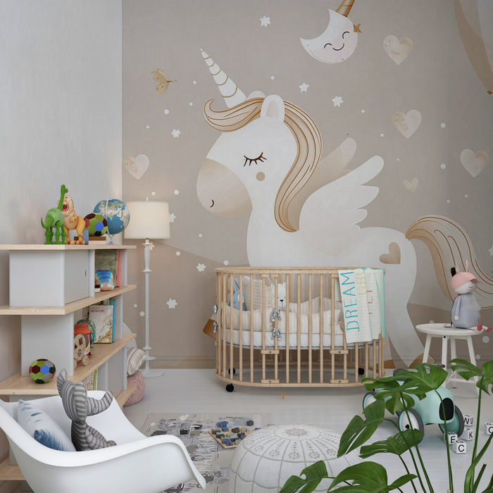 Carta da parati bambini | Sogno celeste con unicorni e mongolfiere