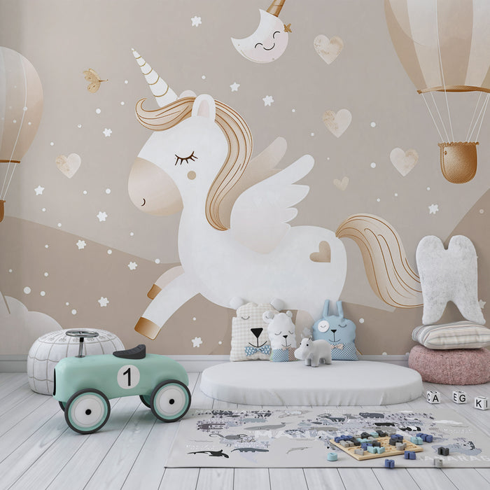 Carta da parati bambini | Sogno celeste con unicorni e mongolfiere