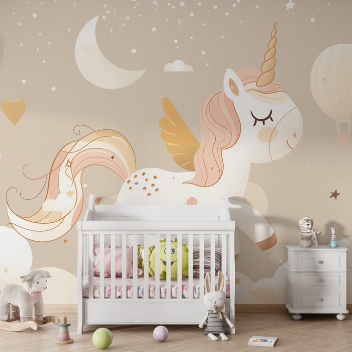 Carta da parati bambini | Sogno incantato con unicorni e mongolfiere