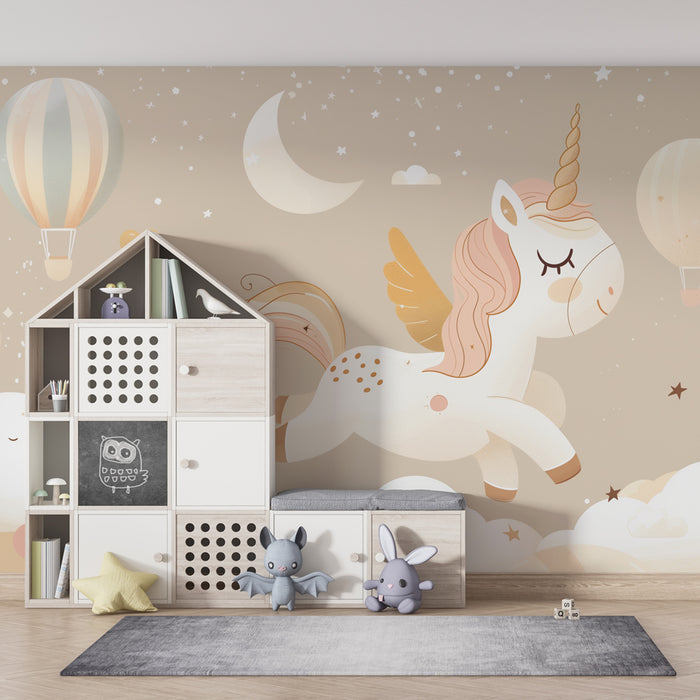 Carta da parati bambini | Sogno incantato con unicorni e mongolfiere