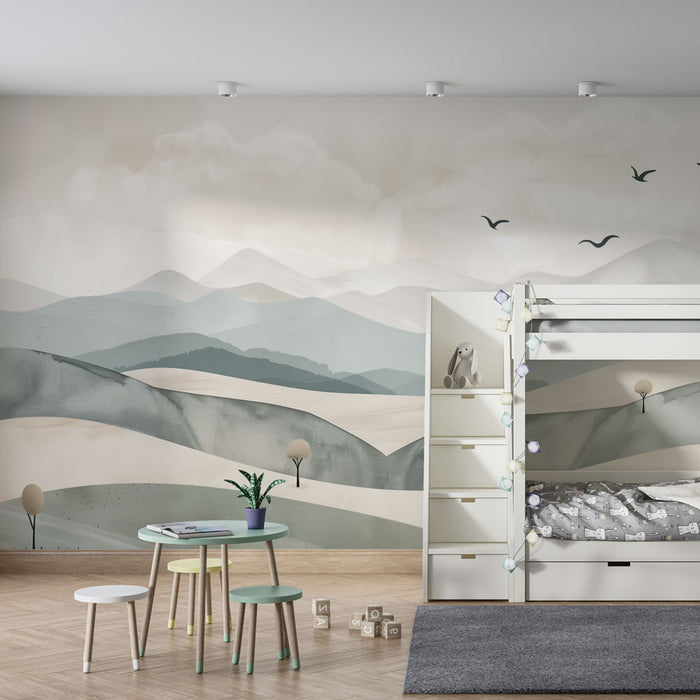 Papel pintado infantil | Paisaje montañoso pastel y aves en vuelo
