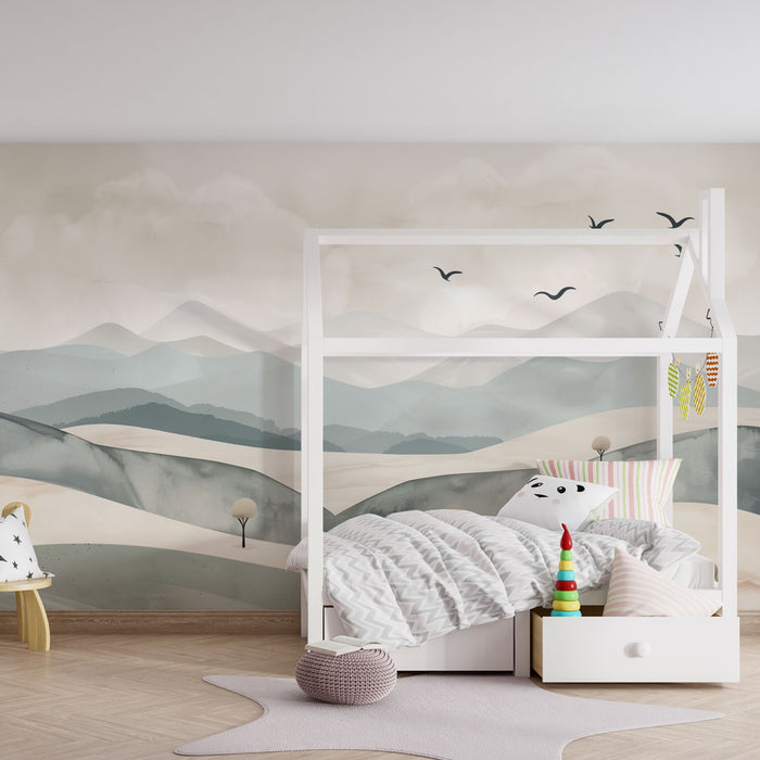Papel pintado infantil | Paisaje montañoso pastel y aves en vuelo