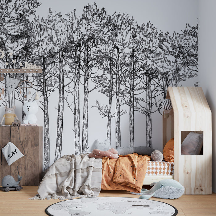 Tapety dla dzieci | Minimalistyczny las w czerni i bieli