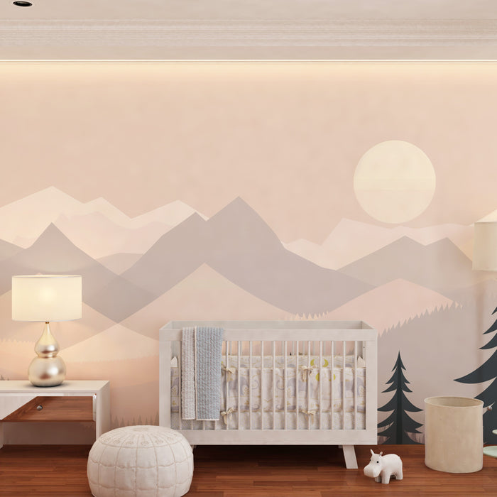 Papel pintado infantil | Montañas geométricas y niebla pastel