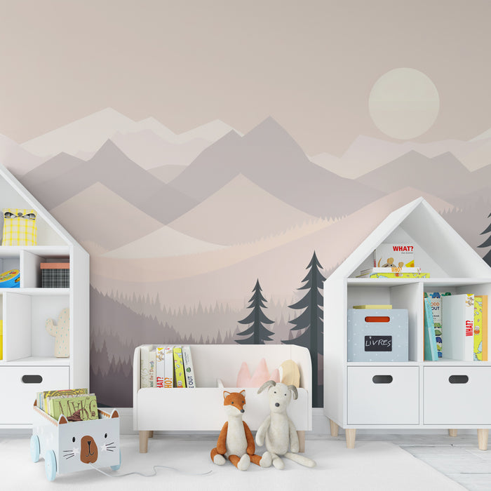 Papel pintado infantil | Montañas geométricas y niebla pastel