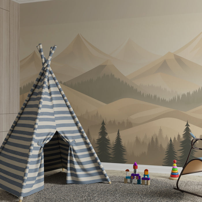 Kinderzimmer Tapete | Geometrische Berge und neblige Wälder