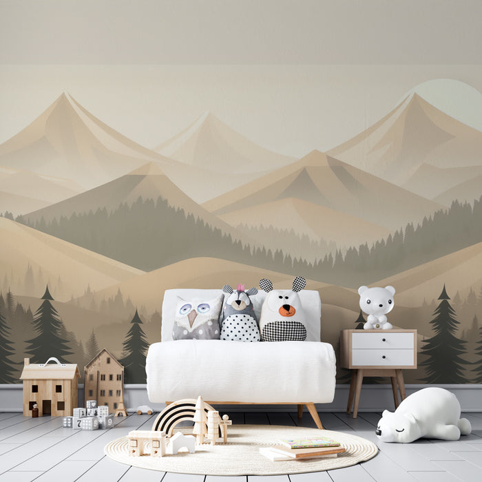 Kinderzimmer Tapete | Geometrische Berge und neblige Wälder