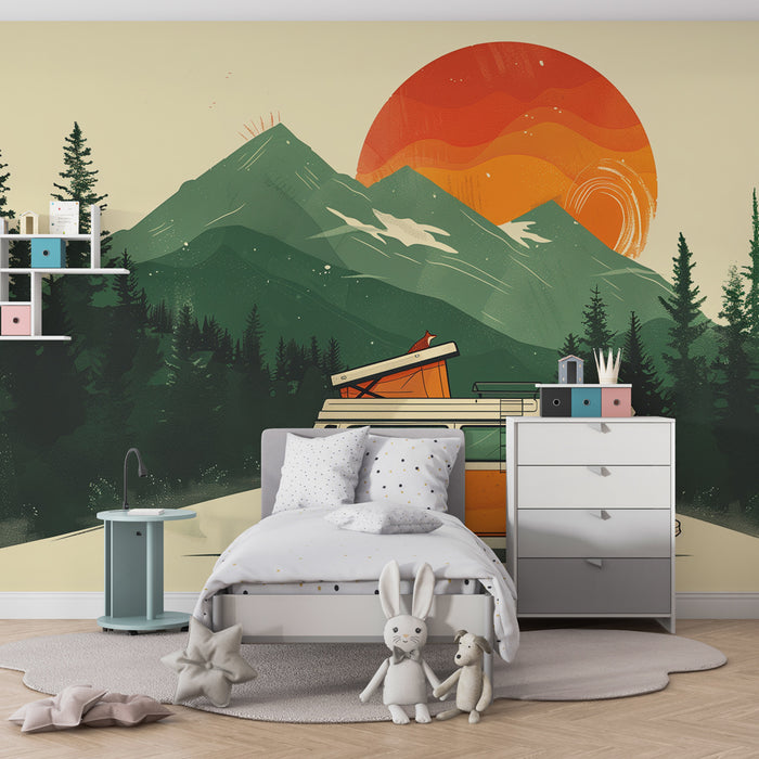 Papel pintado infantil | Aventura retro en la montaña con furgoneta naranja y atardecer