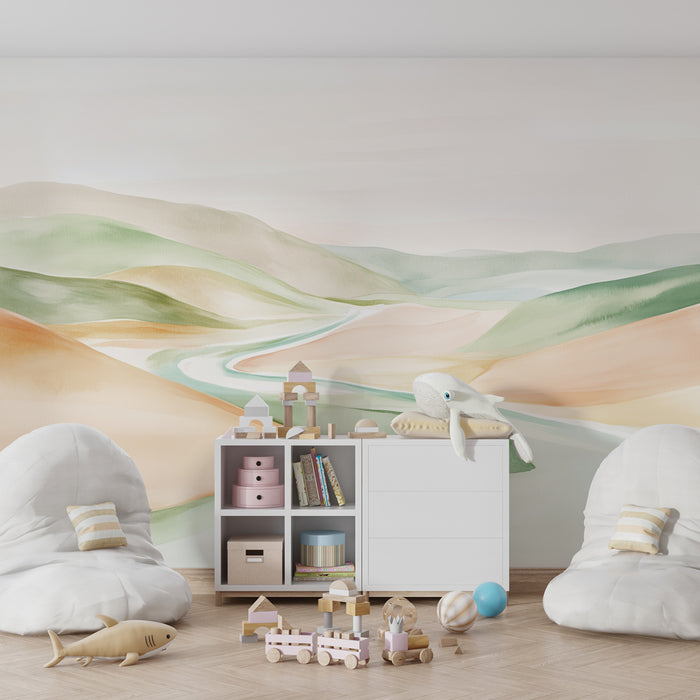 Nursery room wallpaper | Pastel watercolor landscape and gentle valleys