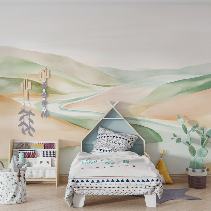Nursery room wallpaper | Pastel watercolor landscape and gentle valleys