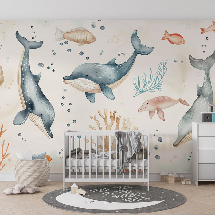 Carta da parati bambini | Oceano fantastico con balene e delfini