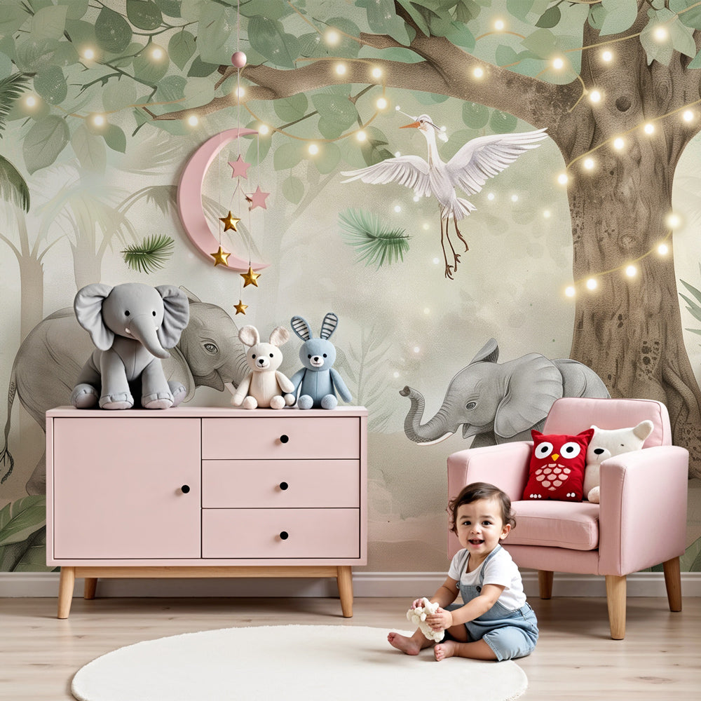 Babykamer behang | Spelende olifanten onder het lichte bladerdak — Kids Wall, image size:1000x1000