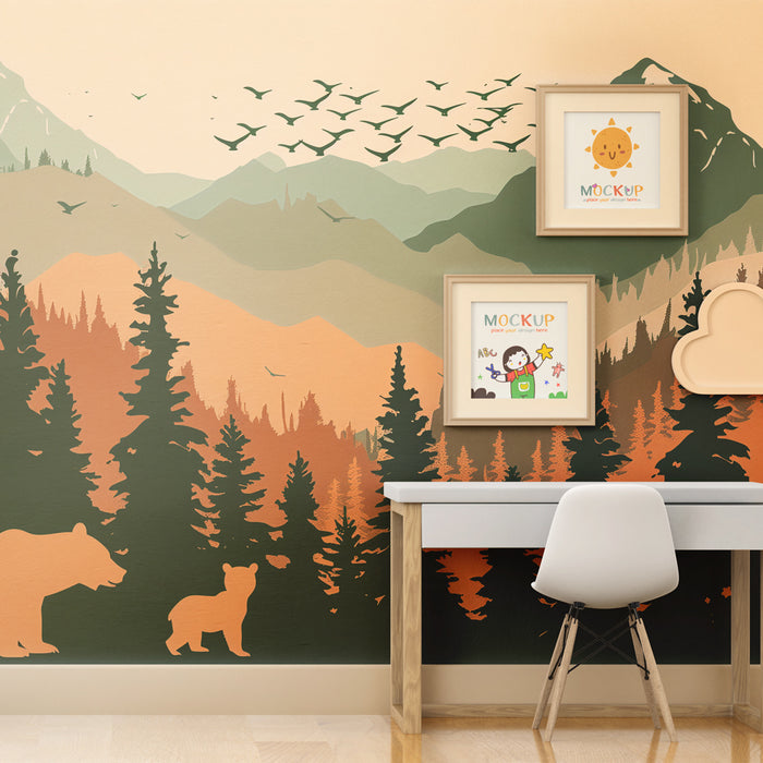 Kinderkamer behang | Bergavontuur met beren en betoverde bossen