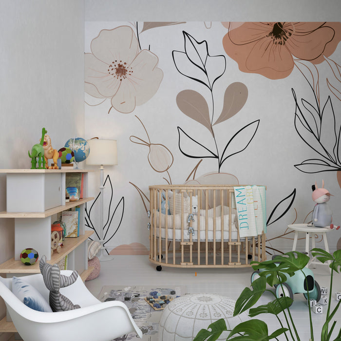 Papier peint chambre bébé | Fleurs modernes aux tons terre cuite et crème