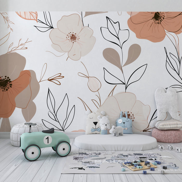 Papier peint chambre bébé | Fleurs modernes aux tons terre cuite et crème