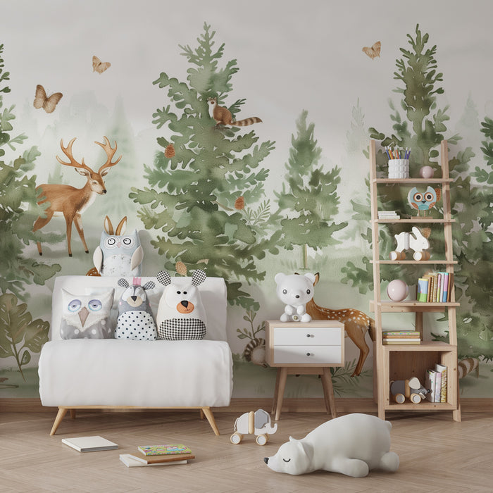 Kinderkamer behang | Bos in aquarel met dieren en vlinders