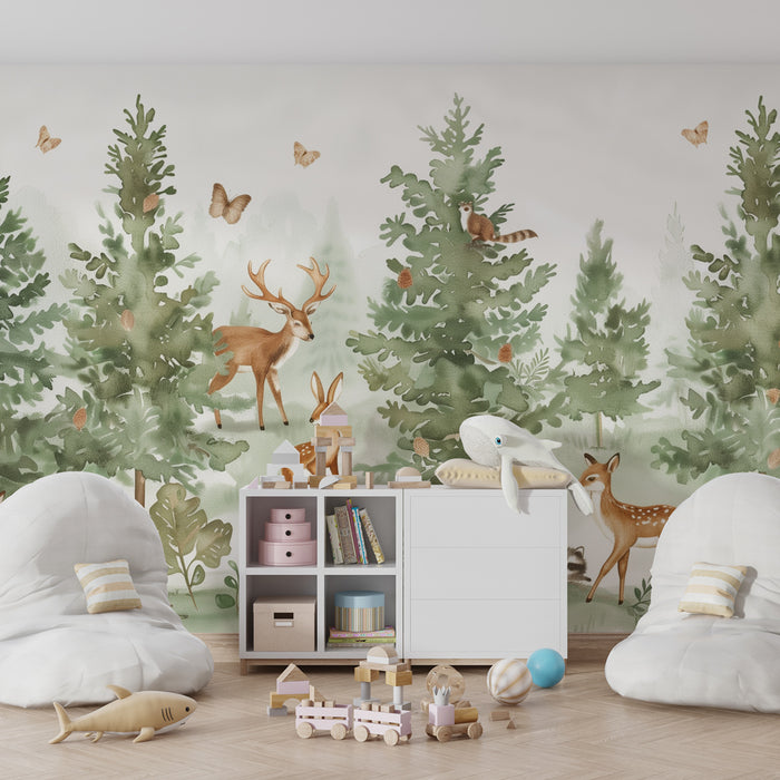 Kinderkamer behang | Bos in aquarel met dieren en vlinders