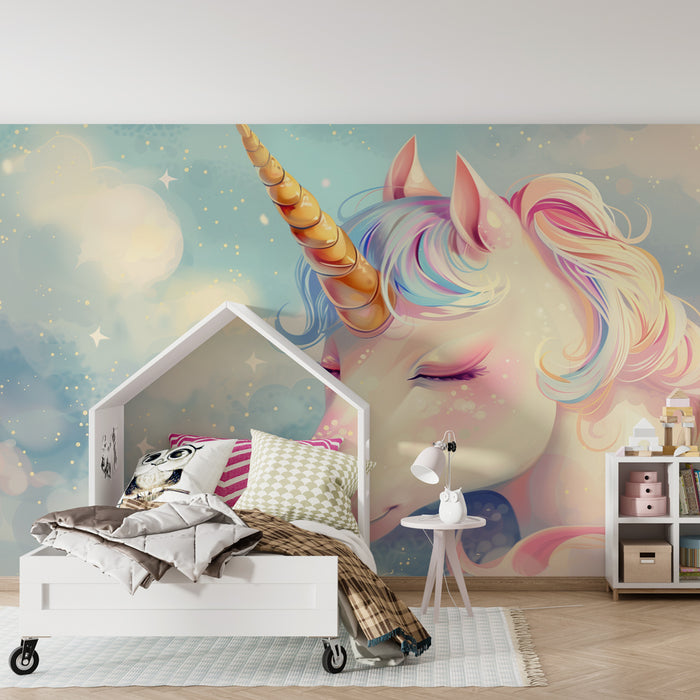 Papier peint chambre enfant | Licorne rêveuse aux couleurs pastel et nuages étoilés