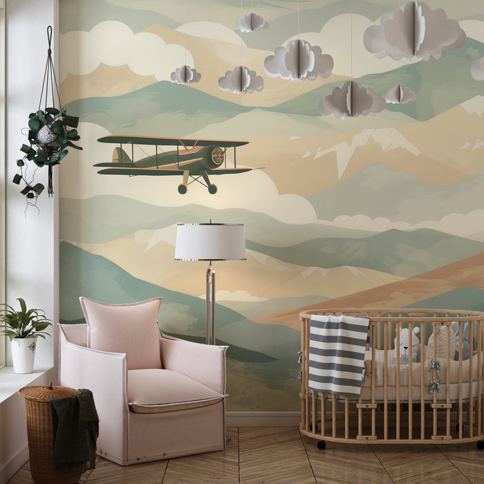 Papel pintado infantil | Aventuras aéreas sobre montañas pastel