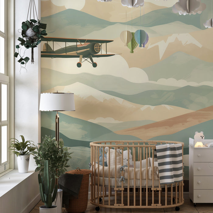 Papel pintado infantil | Aventuras aéreas sobre montañas pastel