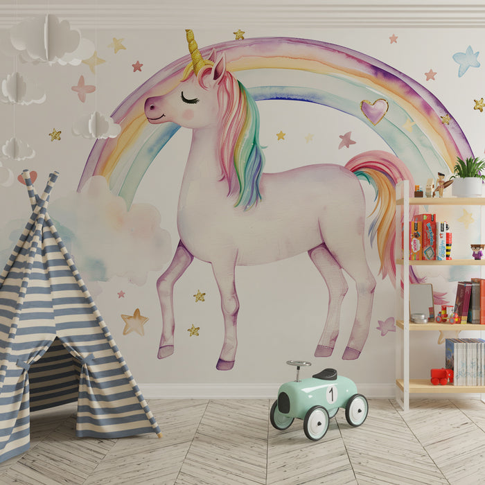 Kinderzimmer Tapete | Verzaubertes Einhorn unter pastellfarbenem Regenbogen