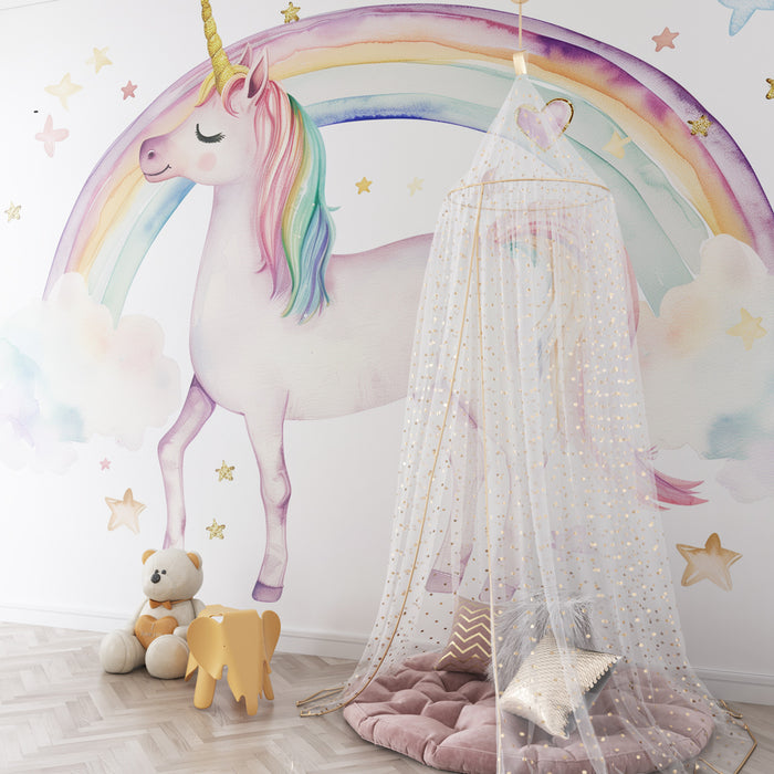 Kinderzimmer Tapete | Verzaubertes Einhorn unter pastellfarbenem Regenbogen