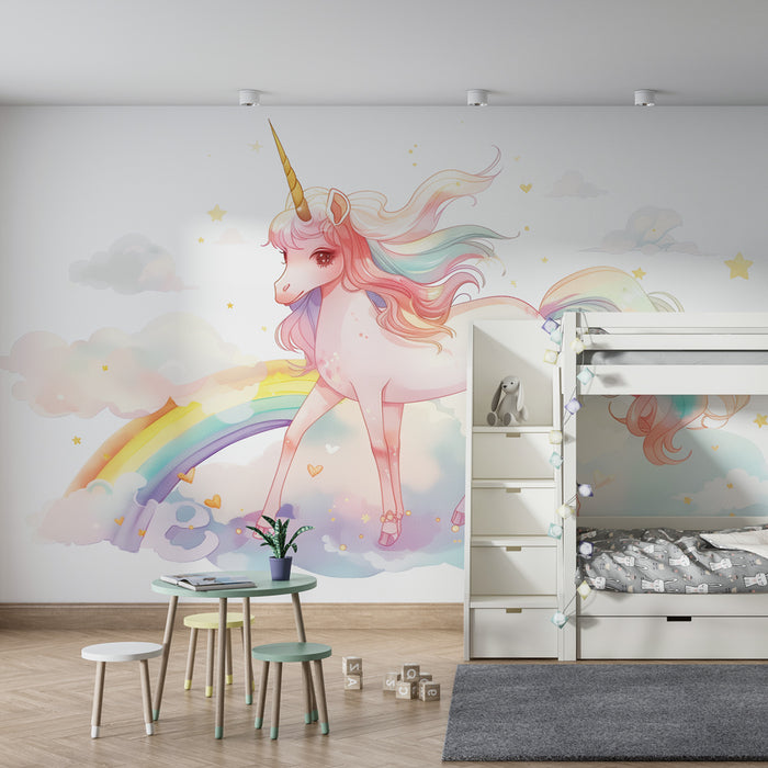 Papier peint chambre enfant | Rêverie de licorne arc-en-ciel et nuages étoilés
