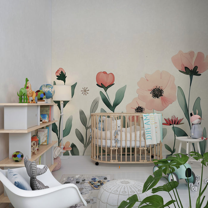 Børneværelse tapet | Pastel blomsterhave og bløde blomsterdrømme